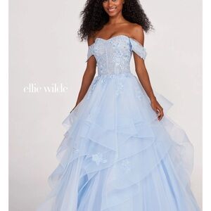 Ellie Wilde Powder Blue Off-Shoulder Lace Ball Gown (PROM DRESS)